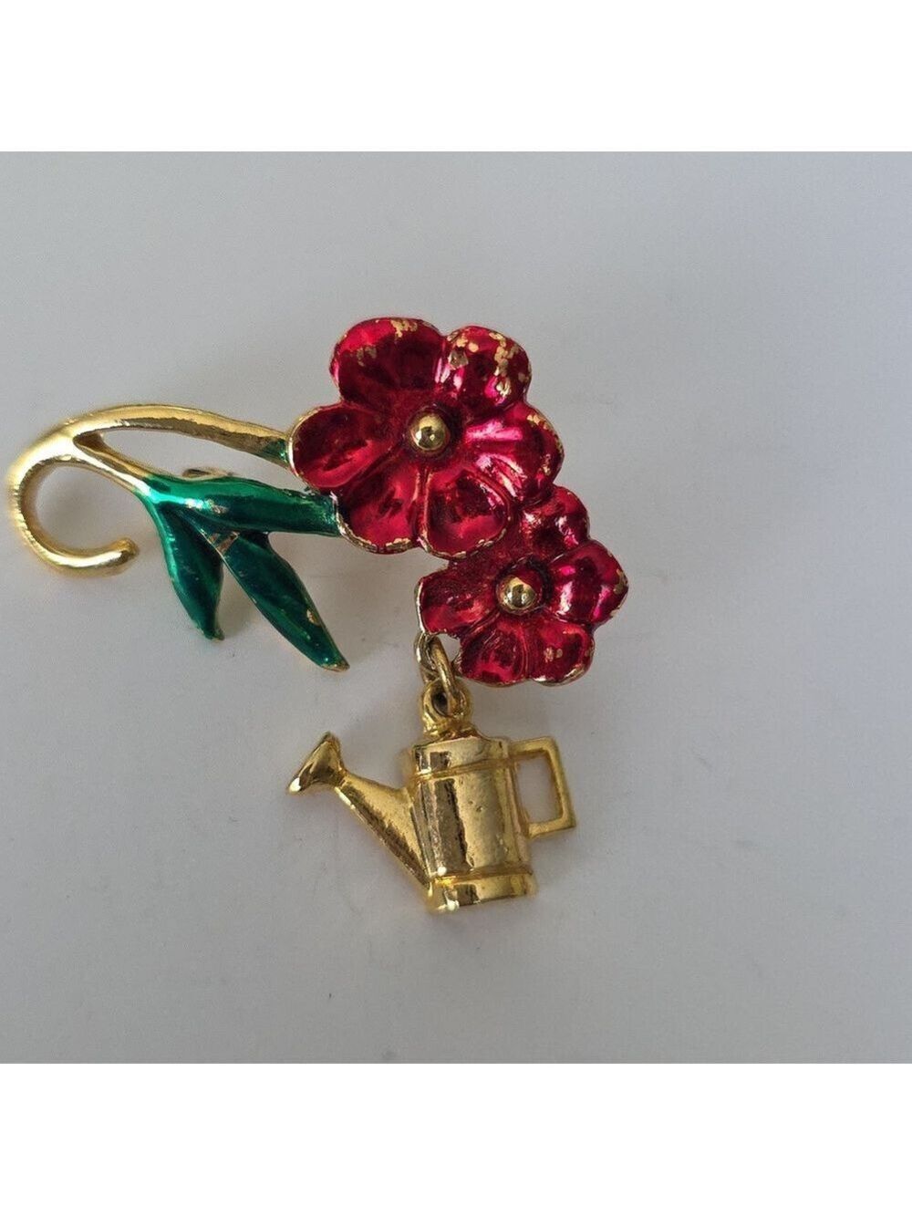 Vintage Garden-Themed Brooch – Red Enamel Flowers with Dangling Watering Can
